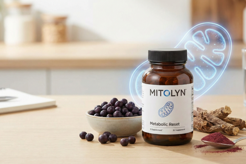 Mitolyn weight loss supplement bottle with natural ingredients and mitochondrial support graphic.