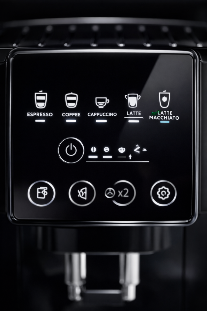 Close-up product photo of a modern coffee machine control panel, glossy black surface with illuminated touch buttons and drink icons, sharp focus on the display and controls, soft studio lighting, reflections on plastic surface, shallow depth of field, background blurred, ultra realistic, high detail, product photography style, centered composition, aspect ratio 2:3