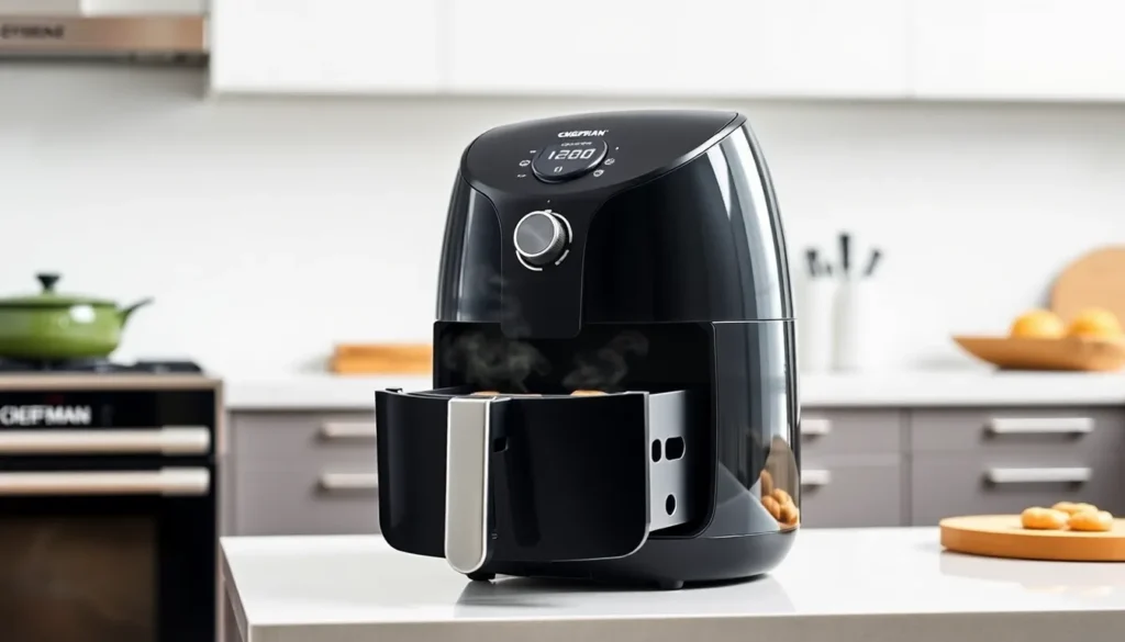 A sleek black CHEFMAN 2 Qt Mini Air Fryer compact air fryer on a modern kitchen counter, with steam rising from the basket, professional product photography, clean white background available