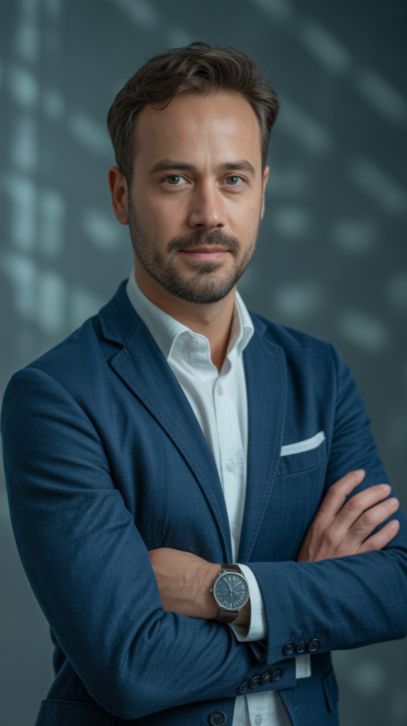 Professional headshot style portrait of a confident businessman in casual attire, modern studio lighting