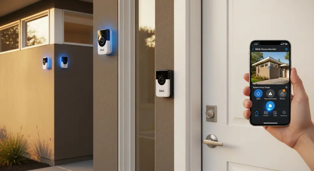 A modern home security setup featuring Blink video doorbell and outdoor security cameras. Show a sleek front door with a Blink doorbell camera, two outdoor security cameras mounted on a modern house, smartphone displaying Blink app, and a clean aesthetic. Warm natural lighting, professional product photography style, 16:9 aspect ratio, high resolution. Include subtle blue tech accents representing smart home connectivity.