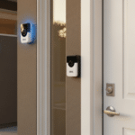 A modern home security setup featuring Blink video doorbell and outdoor security cameras. Show a sleek front door with a Blink doorbell camera, two outdoor security cameras mounted on a modern house, smartphone displaying Blink app, and a clean aesthetic. Warm natural lighting, professional product photography style, 16:9 aspect ratio, high resolution. Include subtle blue tech accents representing smart home connectivity.