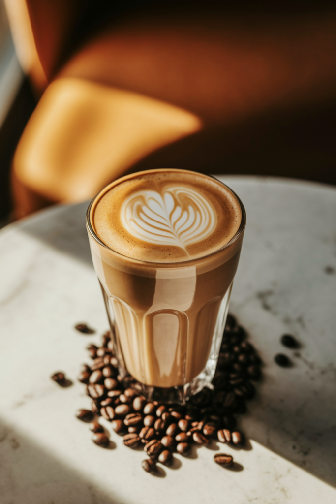 Latte/cappuccino in glass showing microfoam quality