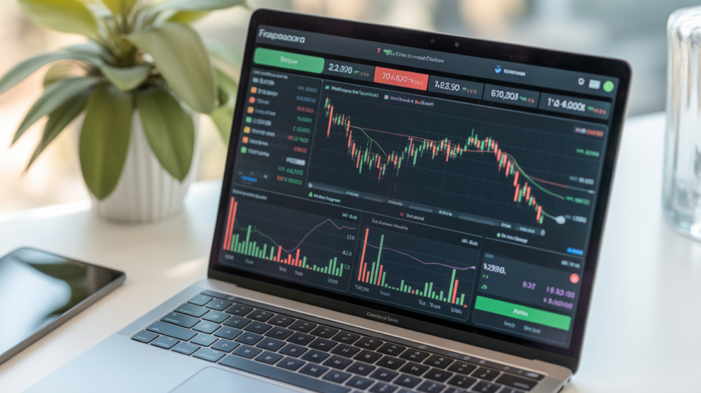 A modern Forex trading dashboard on a laptop screen showing automated trading graphs and profits, soft natural lighting, overhead view