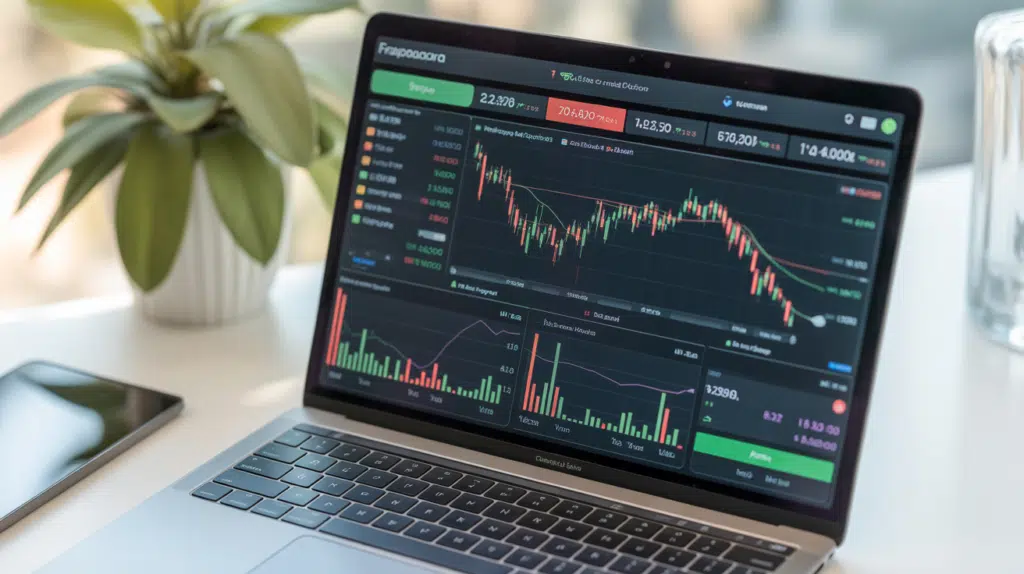 A modern Forex trading dashboard on a laptop screen showing automated trading graphs and profits, soft natural lighting, overhead view