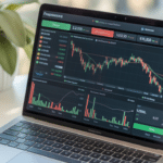 A modern Forex trading dashboard on a laptop screen showing automated trading graphs and profits, soft natural lighting, overhead view
