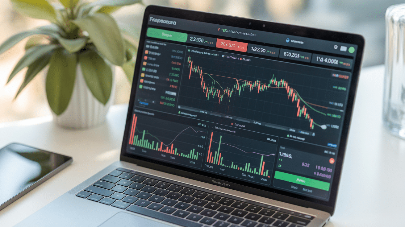 A modern Forex trading dashboard on a laptop screen showing automated trading graphs and profits, soft natural lighting, overhead view