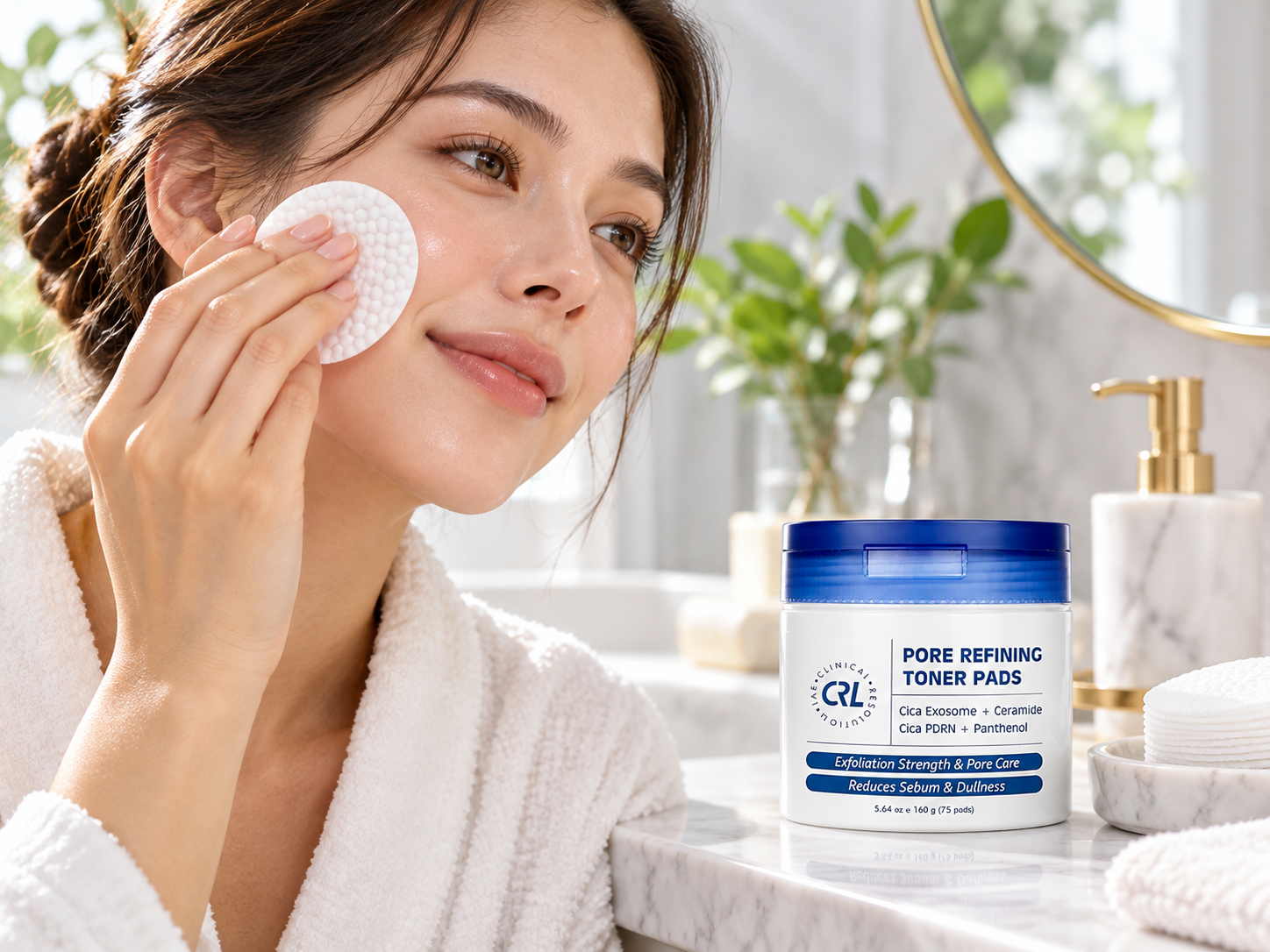 AI illustration of a skincare routine with a person gently holding a round toner pad to their cheek